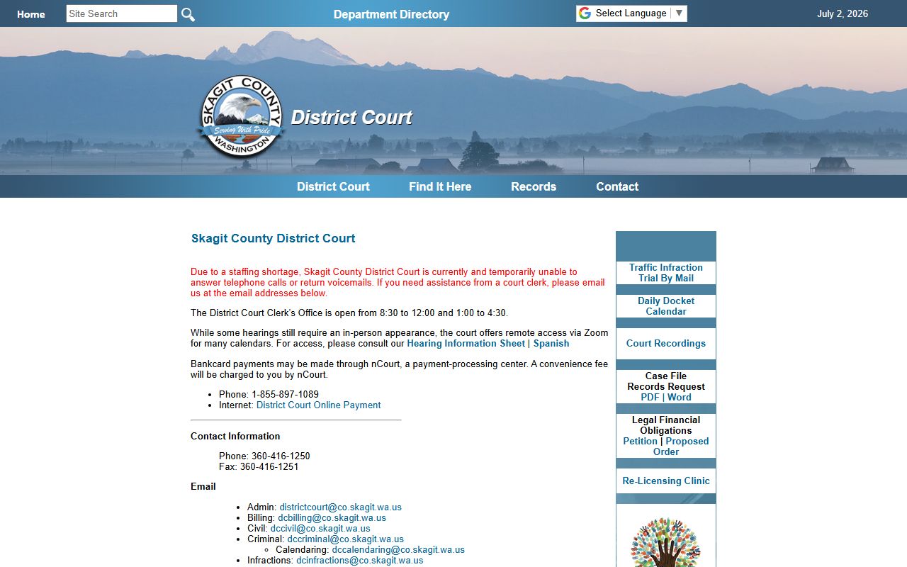 Skagit County District Court official contact and records page