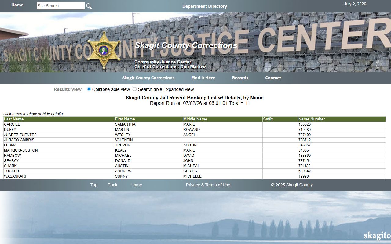 Skagit County interactive booking report for recent bookings