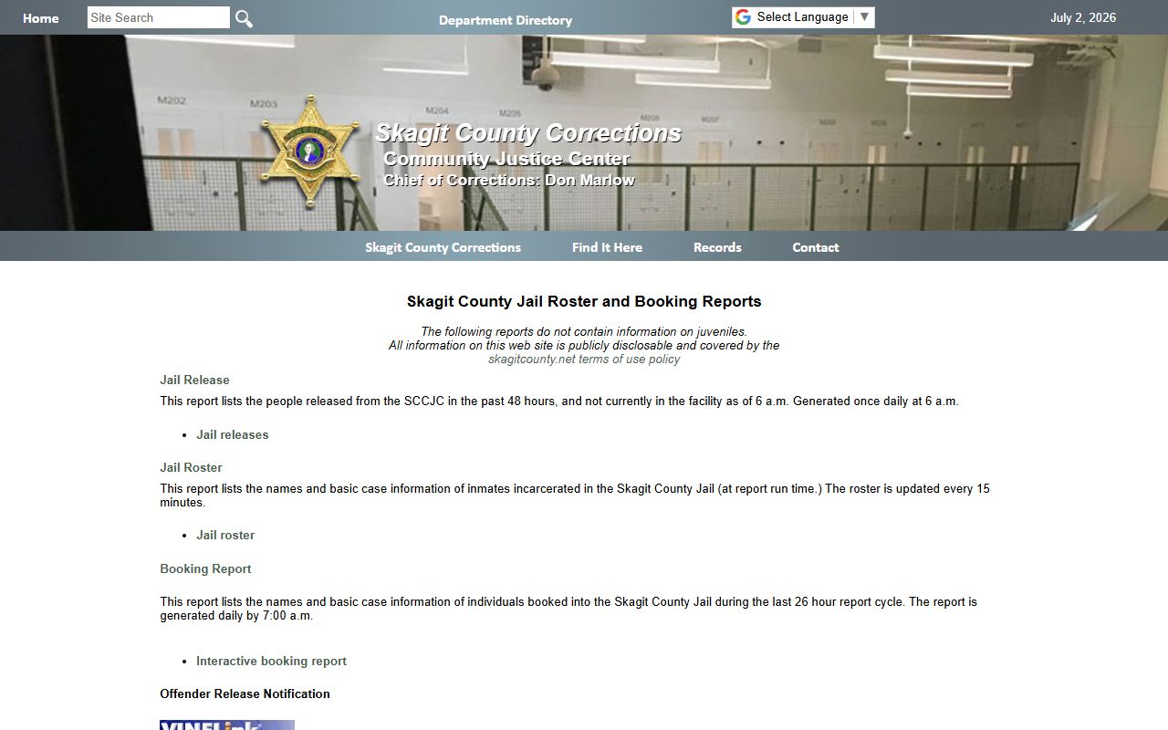 Skagit County inmate records roster booking and release report page