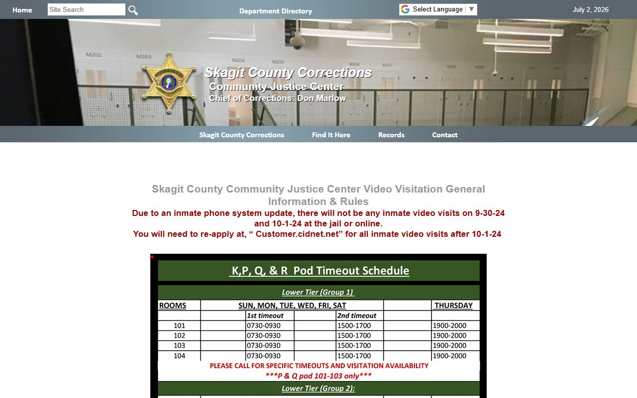 Skagit County jail video visitation schedule information