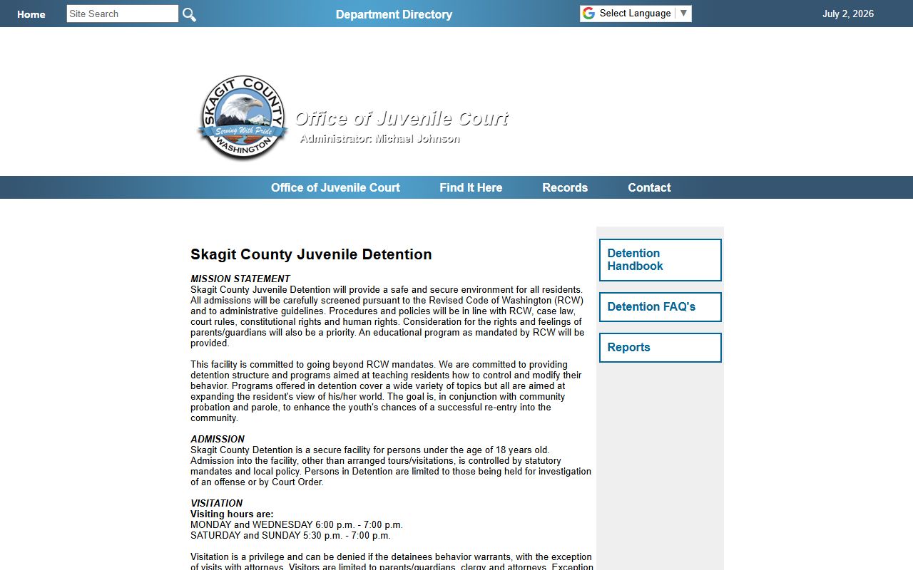 Skagit County Juvenile Detention admission and visitation page