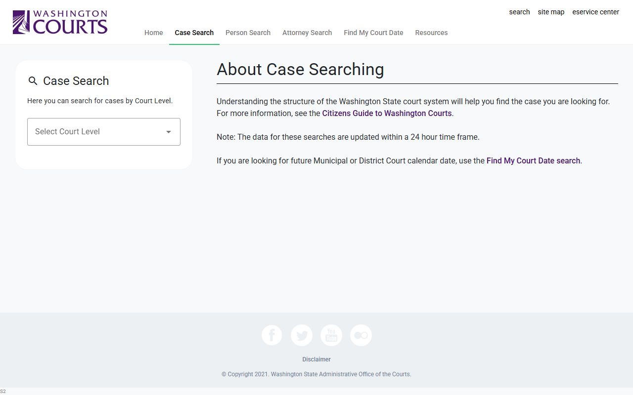 Washington Courts case search form with Skagit court options
